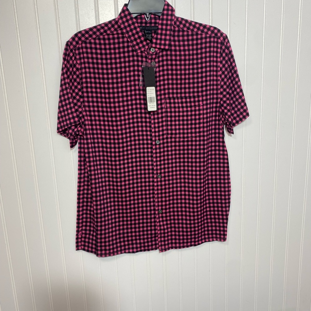 $188.00 Marc by Marc Jacob’s Men’s short Sleeve Checked Pattern Shirt, Hot Pink,